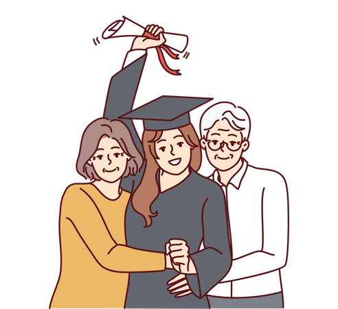 Niña graduada con padres  Ilustración