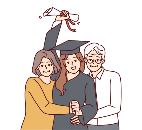 Niña graduada con padres  Ilustración