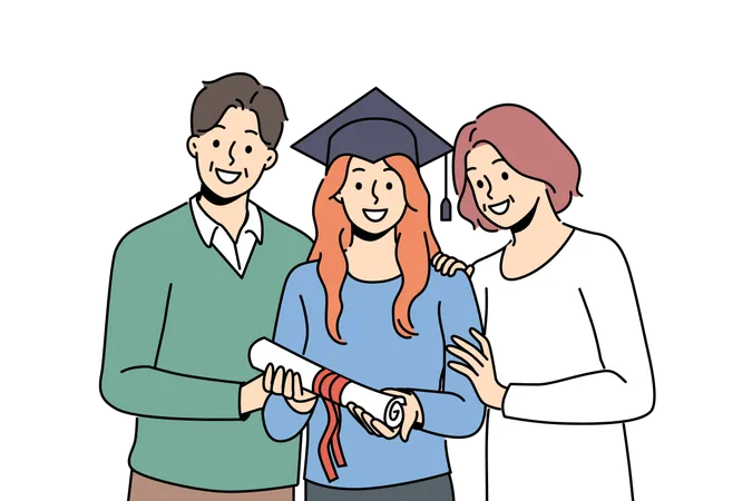 Una niña graduada con sombrero de estudiante tiene un certificado de educación superior y está de pie con sus padres  Ilustración