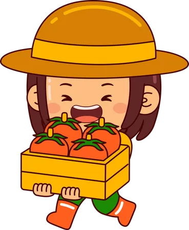 Niña granjera sosteniendo una cesta de tomate  Ilustración