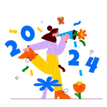 Chica gritando y celebrando año nuevo.  Ilustración