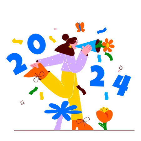 Chica gritando y celebrando año nuevo.  Ilustración