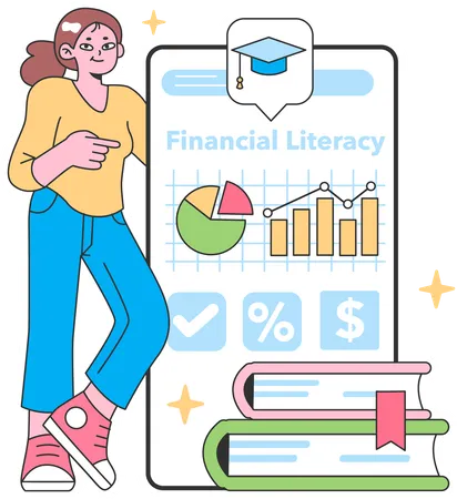 Chica haciendo educación financiera en línea  Ilustración