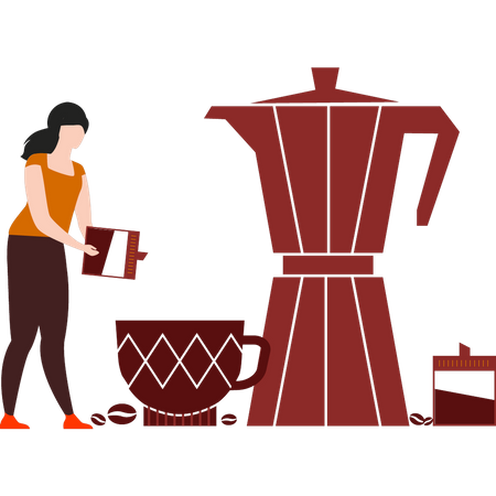 Chica haciendo café en una jarra de café  Ilustración