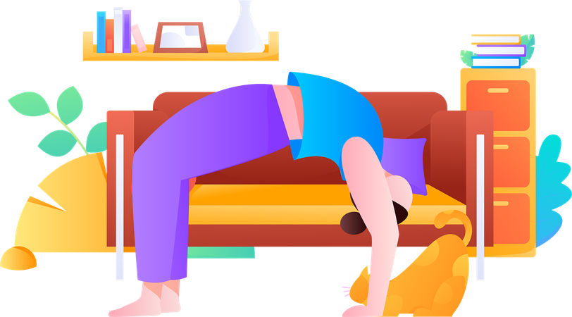 Chica haciendo chakrasana en casa  Ilustración