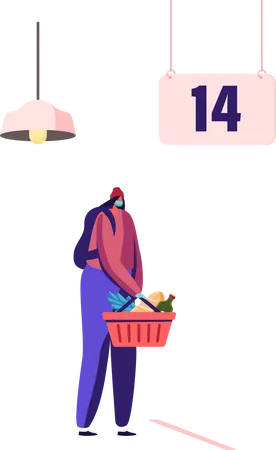 Chica haciendo compras de comestibles en cuarentena pandémica de Covid19  Ilustración