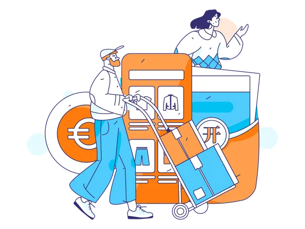 Chica haciendo compras en línea usando el móvil mientras el hombre sostiene el carrito logístico  Illustration