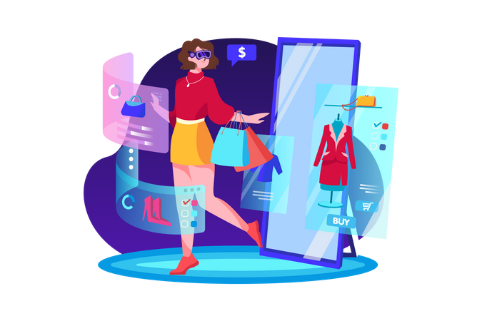 Chica haciendo compras en línea usando la tecnología Metaverse  Ilustración