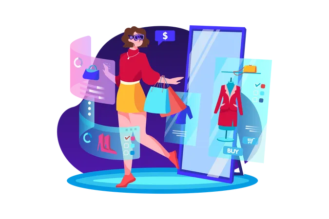 Chica haciendo compras en línea usando la tecnología Metaverse  Ilustración