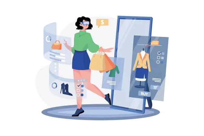 Chica haciendo compras en línea usando la tecnología Metaverse  Ilustración