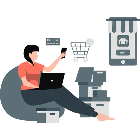 Chica haciendo compras en línea usando una computadora portátil  Ilustración