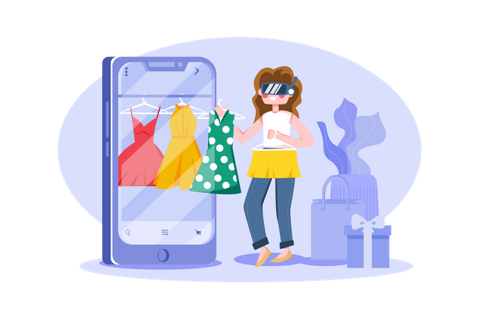 Chica haciendo compras usando tecnología virtual  Ilustración