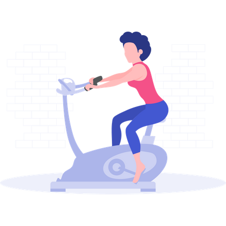 Chica haciendo ejercicio en máquina de ciclismo  Ilustración