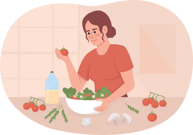 Chica haciendo ensalada con verduras frescas  Ilustración