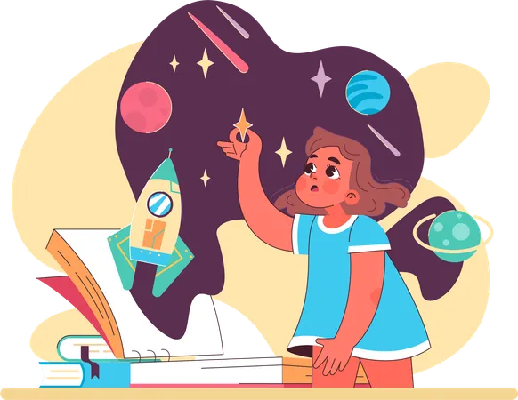 Niña haciendo investigación en ciencia espacial  Ilustración