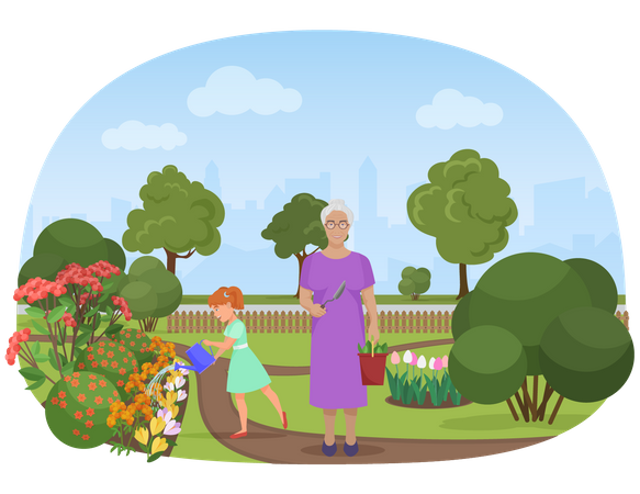 Chica haciendo jardinería con la abuela  Ilustración