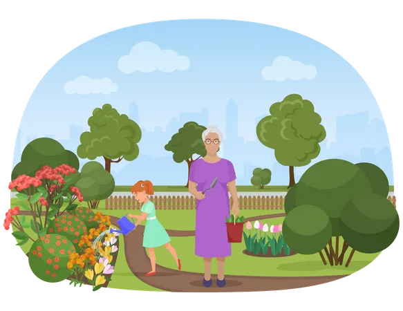 Chica haciendo jardinería con la abuela  Ilustración