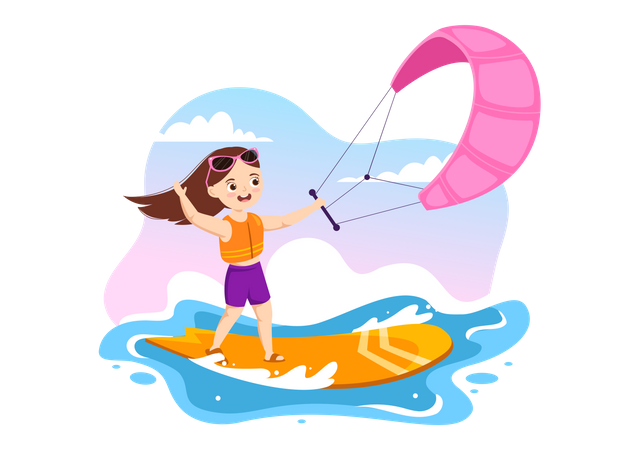 Niña haciendo kitesurf  Ilustración