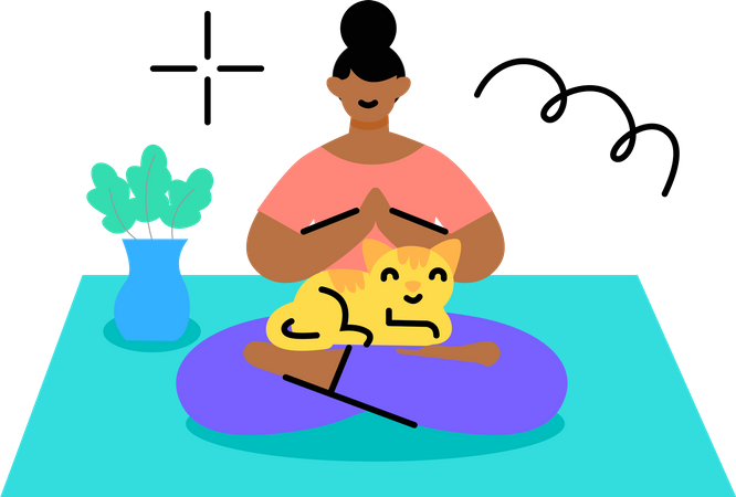 Chica haciendo meditación con un gatito en su regazo  Ilustración