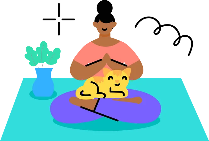 Chica haciendo meditación con un gatito en su regazo  Ilustración