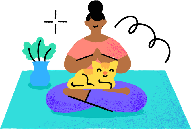 Chica haciendo meditación con un gatito en su regazo  Ilustración