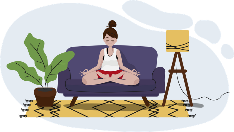 Chica haciendo meditación en casa.  Ilustración