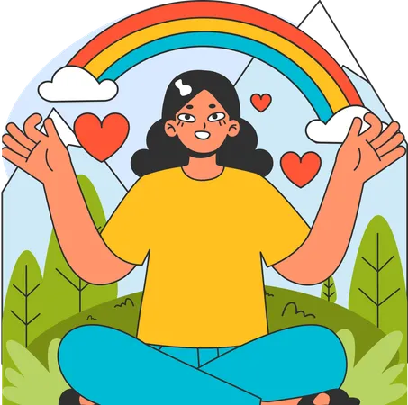 Chica haciendo meditación en la naturaleza.  Ilustración