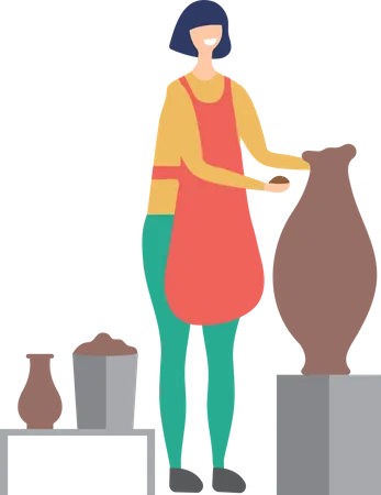 Chica haciendo vasijas de barro y cerámica.  Ilustración