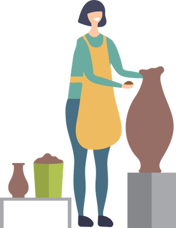 Chica haciendo vasijas de barro y cerámica.  Ilustración