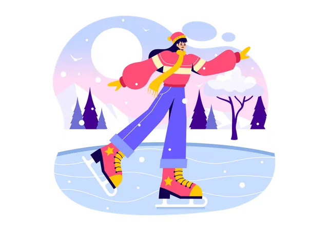 Chica haciendo patinaje sobre hielo en pista de hielo  Ilustración