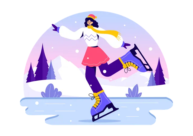 Chica haciendo patinaje sobre hielo en pista de hielo  Ilustración