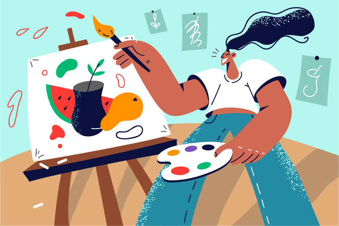 Chica haciendo pintura sobre lienzo  Ilustración