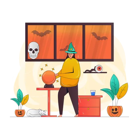 Chica haciendo preparación para Halloween  Ilustración