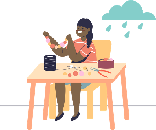 Chica haciendo pulseras de cuentas sentada a la mesa durante la artesanía  Ilustración