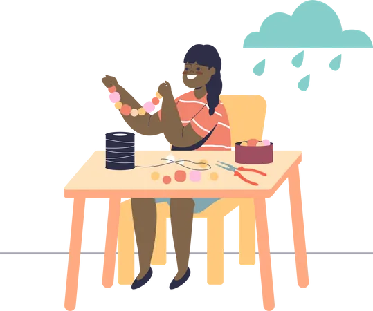 Chica haciendo pulseras de cuentas sentada a la mesa durante la artesanía  Ilustración