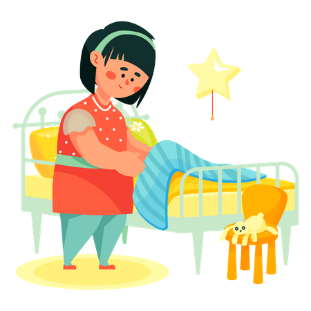 Chica haciendo su cama  Ilustración