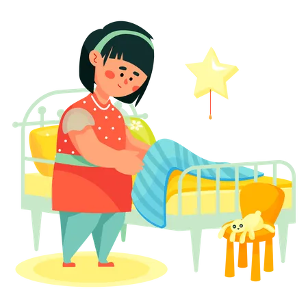 Chica haciendo su cama  Ilustración