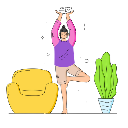 Chica haciendo yoga en casa sosteniendo Cat  Ilustración