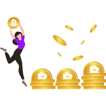 Chica sosteniendo bitcoin  Ilustración