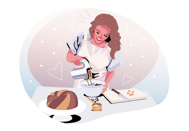 Chica horneando delicioso pastel  Ilustración