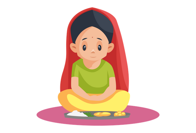 Niña india sentada con plato de cena y rezando  Ilustración