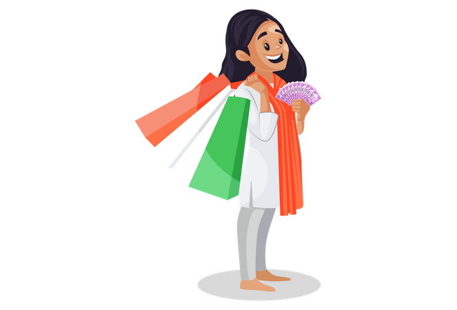 Niña india sosteniendo bolsas de compras y rupias en sus manos  Ilustración
