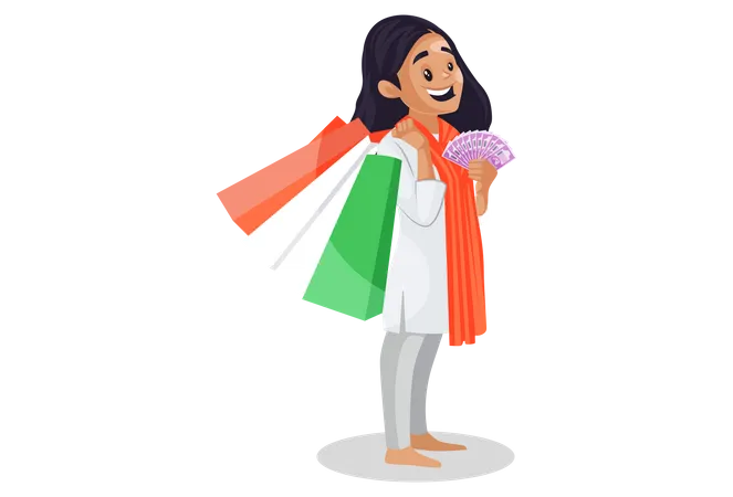 Niña india sosteniendo bolsas de compras y rupias en sus manos  Ilustración