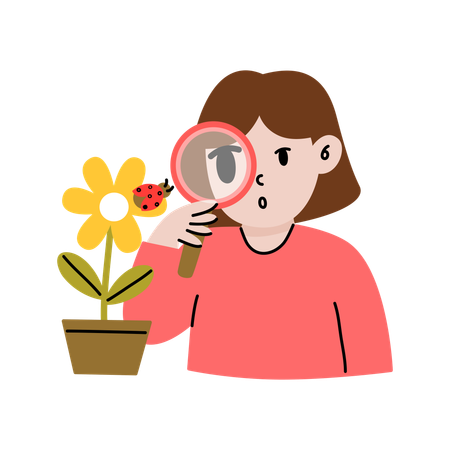 Niña investigando sobre plantas.  Ilustración