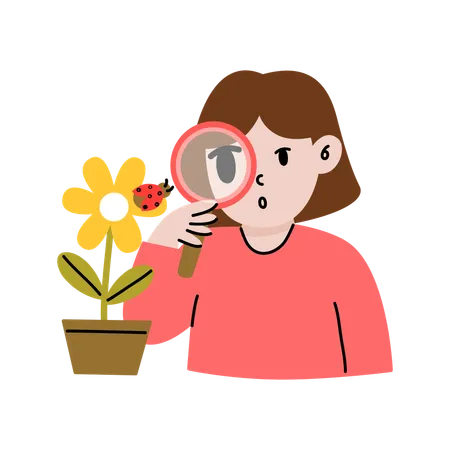 Niña investigando sobre plantas.  Ilustración