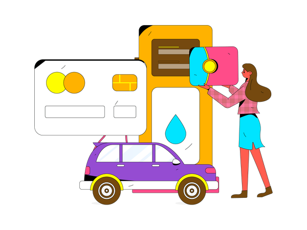 Chica invirtiendo dinero en gasolinera  Ilustración