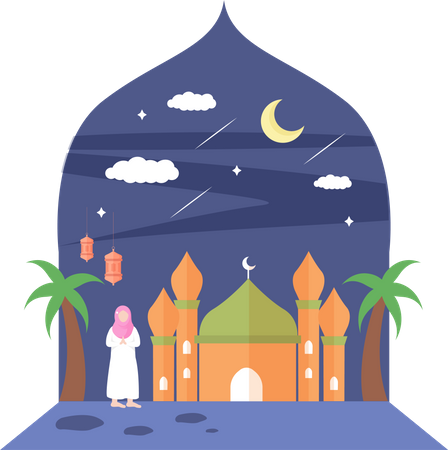 Niña islámica rezando en la mezquita  Ilustración