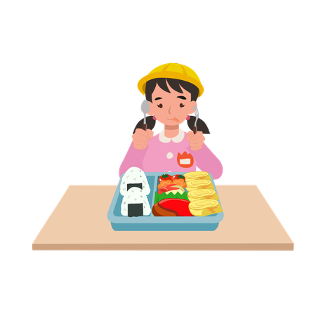 Niña de jardín de infantes japonesa con uniforme escolar comiendo una lonchera de obento con una sonrisa  Ilustración