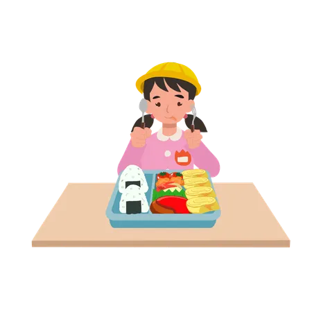 Niña de jardín de infantes japonesa con uniforme escolar comiendo una lonchera de obento con una sonrisa  Ilustración