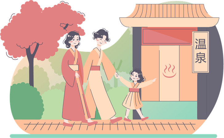 Niña japonesa yendo al café con sus padres  Ilustración